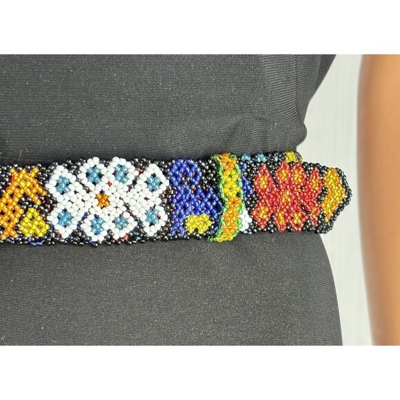 Vintage Artisan-Made Seed Beaded Belt Silver Buckle Red Cobalt Blue White Yellow main image 9